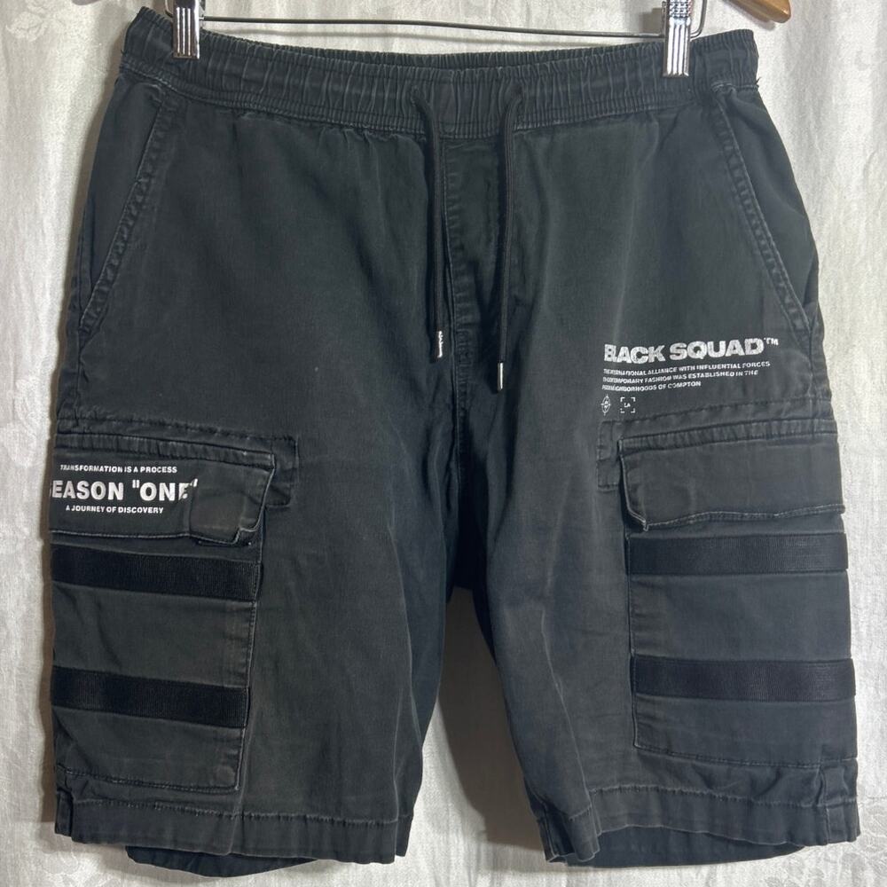 Black Squad Cargo Shorts Small Season One Faded Elastic Drawstring Streetwear